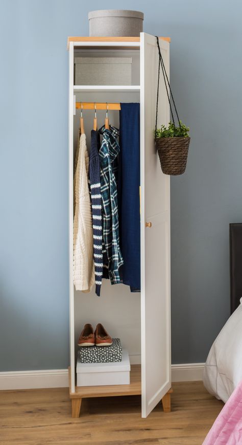 Compact one door wardrobe Wardrobe Design Ideas, Single Door Wardrobe, Wardrobe Aesthetic, Single Wardrobe, Wardrobe Interior, Neutral Bedroom Decor, Wooden Cupboard, Small Apartment Interior, Wardrobe Interior Design