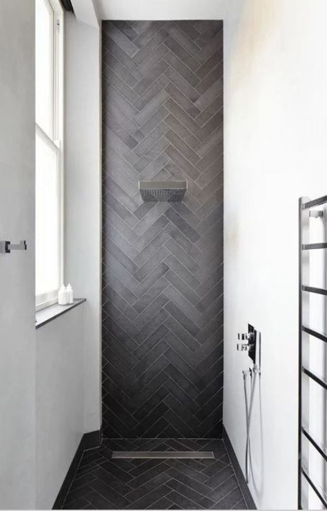 Herringbone vs Chevron Tile Patterns: How Are They Different? | Home Remodeling Contractors | Sebring Design Build Chevron Tile Pattern, Black Floors, Floor Ceramic, Herringbone Tile Floors, Trendy Kitchen Tile, Chevron Tile, Bathroom Shower Walls, Shower Floor Tile, Bad Inspiration