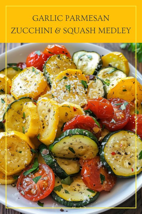 Discover a savory Garlic Parmesan Zucchini and Squash Medley with roasted garlic flavor. This pin highlights a healthy side dish that includes fresh tomatoes and nutritious ingredients. Roasted Carrots Zucchini And Squash, Squash Side Dishes Recipes, Zucchini Squash And Mushroom Recipe, Dinner Recipes With Zucchini And Squash, Zucchini And Macaroni, Stir Fry Squash And Zucchini, Squash And Zucchini Crockpot Recipes, Skillet Zucchini And Squash, Healthy Side Vegetable Dishes