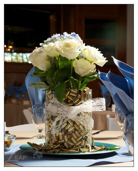 Country Western Wedding Centerpieces, Bluegrass Wedding Theme, Police Centerpieces, Western Centerpiece Ideas Wedding, Police Centerpiece Ideas, Shotgun Wedding Ideas, Western Wedding Centerpieces Diy, Police Wedding Ideas, Camo Wedding Centerpieces