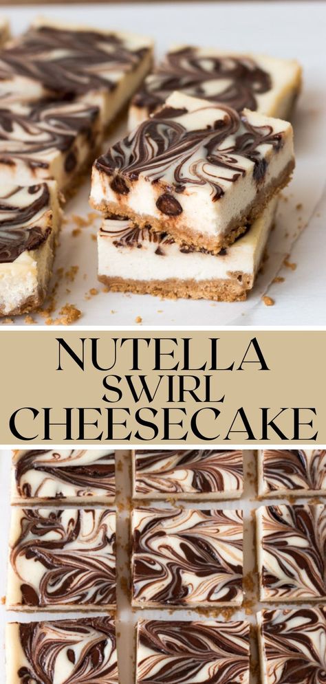 These rich and creamy cheesecake bars are swirled with gooey Nutella for the ultimate treat. Made with a buttery vanilla cookie and hazelnut crust, these Nutella cheesecake bars have amazing texture and are super easy to make! And the best part? No water bath! Best Nutella Recipes, Nutella Cheesecake Bars, Hazelnut Crust, Nutella Lover, Swirl Cheesecake, Best Brownie Recipe, Nutella Cheesecake, Dessert Bar Recipe, Nutella Recipes