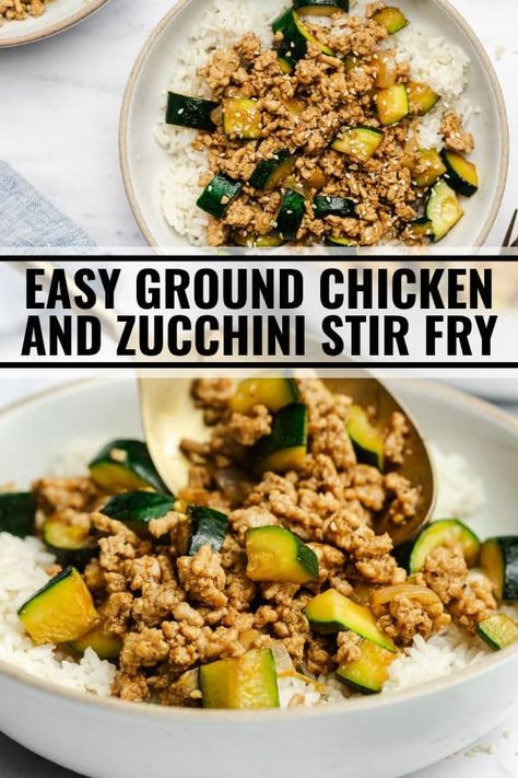 Ground chicken and zucchini simmer in an easy sauce for this tasty stir fry. You're less than 30 minutes away from dinner with this quick recipe! Easy Healthy Meal Prep For The Week Dinners, Paleo Ground Turkey Recipes, Recipe For Ground Turkey, Stay Fit Mom Recipes, Ground Chicken Recipes Easy, Ground Turkey Recipes For Dinner, Chicken Zucchini Recipes, Turkey Bowls, Chicken And Veggie Recipes