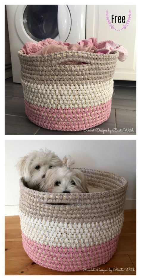 Laundry Basket With Handles Free Crochet Pattern #freecrochetpatterns #basket Beau Crochet, Crochet Storage Baskets, Crochet Basket Pattern Free, Basket Crochet, Crochet Storage, Crochet Basket Pattern, Crochet Simple, Haken Baby, Crochet Diy