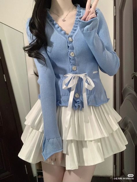 White Blue Outfit Aesthetic, Blue Female Outfits, Blue Cute Clothes, Blue Feminine Outfit, Blue Cutecore Outfit, Light Blue Coquette Outfit, Blue Girly Outfits, Sky Blue And White Outfit, Pink And Blue Aesthetic Outfit