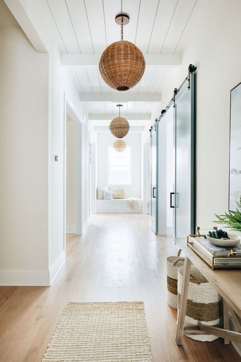 home inspiration | shore society, hallway, interior, interior design, design, warm tones, homey, decor, simple, boho, modern, classic, light, bright Casa Clean, Shiplap Ceiling, Ceiling Detail, Built In Seating, Wood Look Tile, Coastal Farmhouse, Coastal Design, Hallway Ideas, Farmhouse Homes