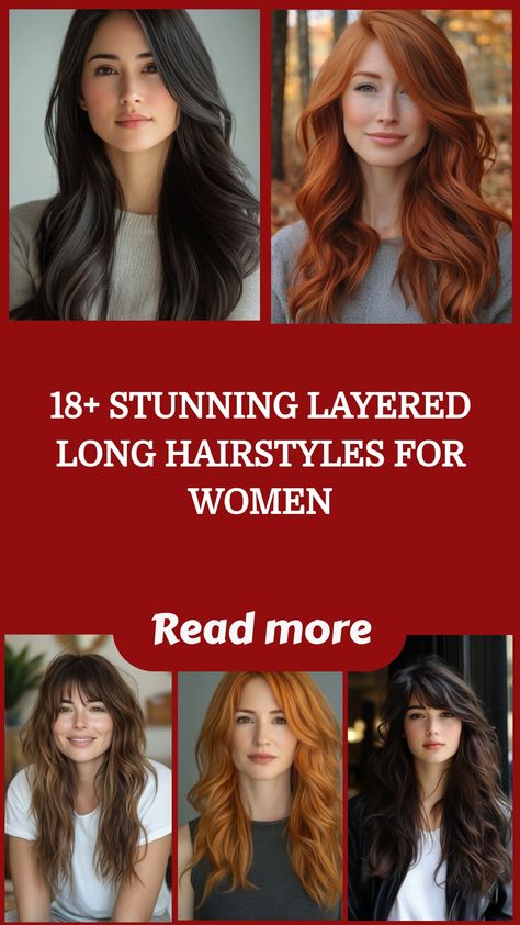 Collage of women with various layered long hairstyles in dark and red shades. Long Haircuts With Lots Of Layers, Super Long Layered Haircuts, Long Hair With Layers Hairstyles, Modern Long Haircut, Medium Long Haircuts For Women, Long Hair Lots Of Layers, Long Haircut With Layers, Layered Long Hairstyles, Layered Hairstyles For Long Hair