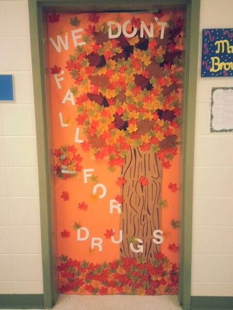 School door theme for Fall and Red Ribbon Week! Fall Red Ribbon Week Door, Red Ribbon Week Doors Ideas, Red Ribbon Week Themes, Door Decorating Contest Red Ribbon Week, Classroom Door Decorations Red Ribbon Week, Red Ribbon Door Decorating Ideas, Red Ribbon Week Door Decorating Middle School, Red Ribbon Door Decorations, Red Ribbon Door Ideas Schools