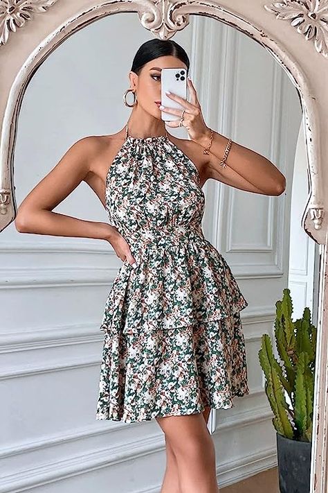 Women's Summer Boho Floral Sundress Sleeveless Halter Neck Elastic Waist Tiered Ruffle Mini Swing Dress Spring Knee-length Halter Sundress, Halter Neck Sleeveless Sundress With Floral Print, Summer Sundress With Ruffle Hem, Mini Length, Spring Sundress Halter V-neck Dress, Summer Halter Dress With Ruffles, Mini Length, Casual Luxe, Ditsy Floral Dress, Halter Neck Dress, Summer Boho