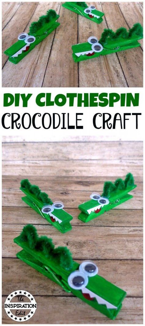 Clothes Pig Crocodile Craft. This clothes pin craft is simple and easy and perfect for preschool kids or little ones. #kidscraft #clothespin #clothespeg #craft #clothespincraft #clothespincrocodile #crocodile #presschool #preschoolcrafts #animalcrafts Crocodile Craft, Pin Crafts, Easy Arts And Crafts, Mason Jar Crafts Diy, Clothes Pin Crafts, Kids' Crafts, Crocodiles, Craft For Kids, Childrens Crafts