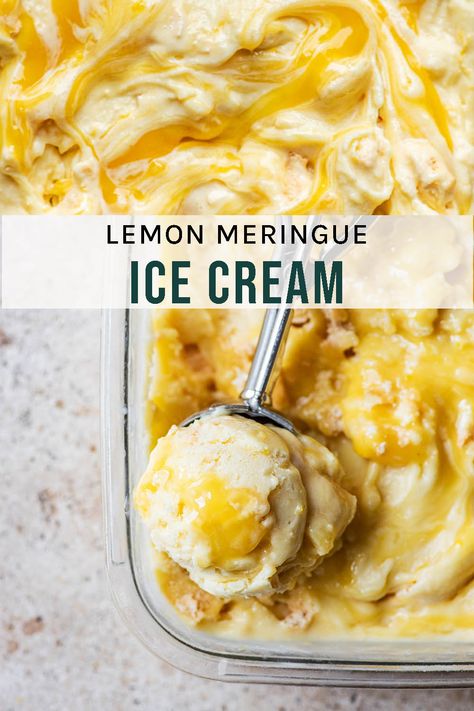 Lemon Meringue Ice Cream A dreamy lemon meringue ice cream! With a velvety lemon base, crumbled meringue pieces, and swirled through with tart lemon curd. Lemon Meringue Ice Cream, Meringue Ice Cream, Lemon Curd Ice Cream, Tart Lemon Curd, Best Homemade Ice Cream, Lemon Ice Cream, Best Ice Cream, Creamed Eggs, Lemon Meringue