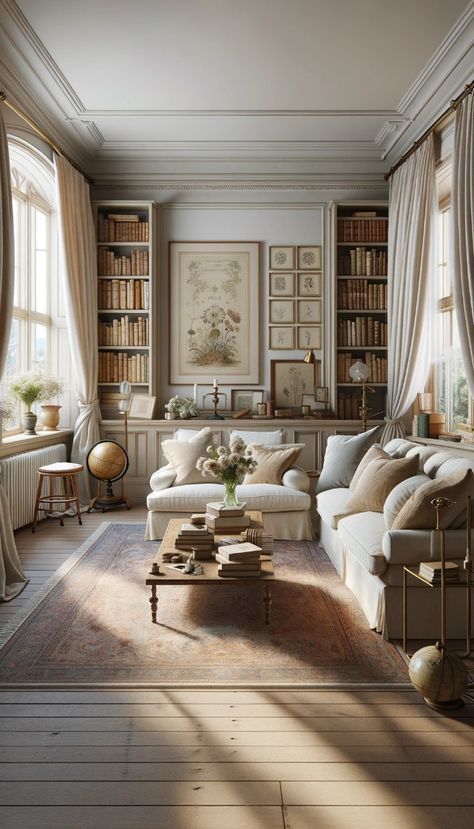 Living Room Academia Aesthetic, Academia Style Living Room, Intellectual Living Room, Light Academia Aesthetic Interior Design, Light Academia Apartment Aesthetic, Light Academia Aesthetic House, Light Academia Inspiration, Light Academia Aesthetic Interior, Formal Living Room Library