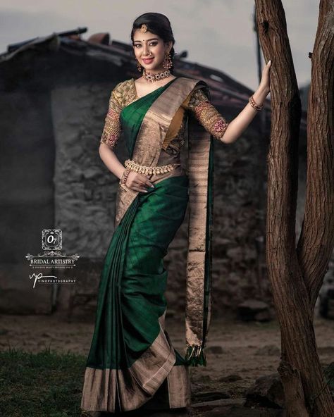 Sreemantham Sarees, Saree Marriage, Green Sarees, Indian Bride Saree, South Indian Wedding Saree, South Indian Bride Saree, Indian Bride Poses, Bride Saree, Latest Silk Sarees