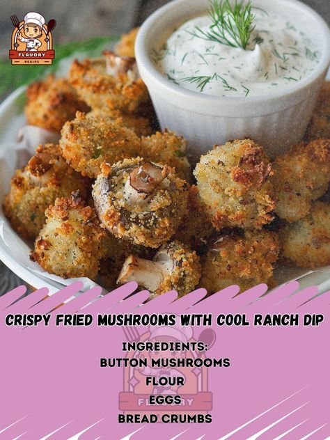 🍄 Crispy Fried Mushrooms with Cool Ranch Dip – crunchy, savory, and irresistibly delicious! 🍄🥣 #FriedMushrooms #AppetizerGoals Crispy Fried Mushrooms with Cool Ranch Dip Ingredients: Button mushrooms (1 lb, cleaned) Flour (1 cup) Eggs (2, beaten) Bread crumbs (1 cup) Salt and pepper (to taste) Ranch dressing (1 cup) Sour cream (1/2 cup) Dill (1 tsp) Instructions: Heat oil in a deep fryer or large pot. Dredge mushrooms in flour, dip in eggs, then coat with bread crumbs. Fry until golden br... Fried Mushrooms, Button Mushrooms, Ranch Dip, Daily Recipes, Deep Fryer, Ranch Dressing, Daily Meals, Bread Crumbs, 1 Cup