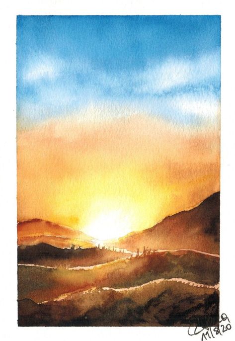 Sunrise Watercolour Painting, Watercolor Art Sunrise, Watercolor Sunset Landscape, Sunrise Watercolor Painting Easy, Sunlight Watercolor, Watercolour Sunrise, Sunrise Watercolor Painting, Paintings With Meaning, Watercolour Sunset