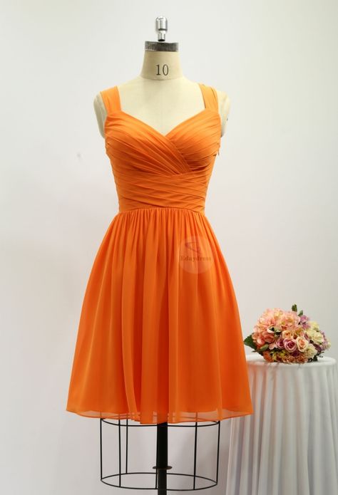 Graduation Dress Modest, Orange Quince, Simple Chiffon Dress, Bridesmaid Dresses Orange, Orange Party Dress, Orange Party Dresses, Homecoming 2023, Short Orange Dress, V Neck Dresses