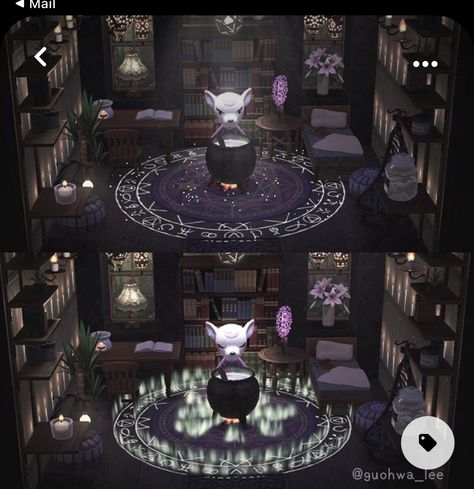 Acnh Halloween Interior, Acnh Witchy Room, Acnh Witchy House, Acnh Witch Room, Acnh Witch House, Animal Crossing Witch Design, Animal Crossing Horror Design, Witchy Acnh Island, Acnh Witchy Code