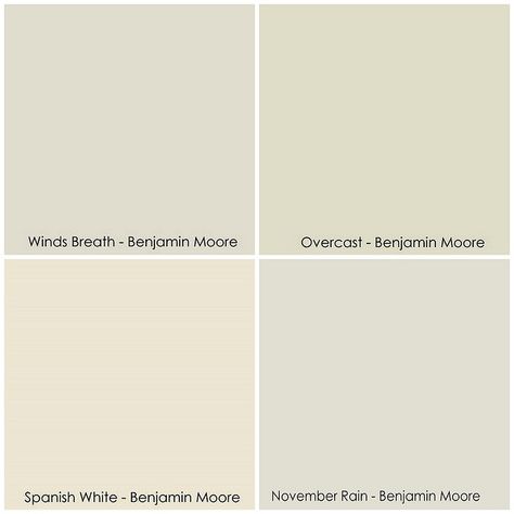 warmer grey tones by Benjamin Moore (clockwise from top left): Winds Breath, Overcast, November Rain, Spanish White Benjamin Moore November Rain, November Rain Benjamin Moore, Benjamin Moore Winds Breath, Winds Breath, Cabinet Colours, Interior Paint Colors For Living Room, Elizabeth House, Kid Bathroom, Ranch Living