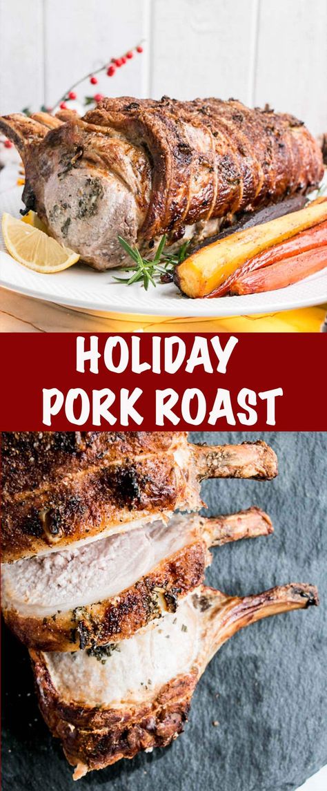 Juicy with a crispy skin, bone in pork roast recipe makes for the ultimate easy Holiday Roast! Packed with rosemary and garlic flavour. via @mykitchenlove Garlic Pork Roast, Bone In Pork Roast, Juicy Pork Loin, Pork Rib Roast, Holiday Roast, Pork Roast Recipe, Pork Roast In Oven, Pork Loin Roast Recipes, Holiday Roasts