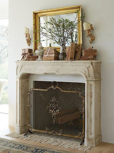 Shelf Staging, French Limestone Fireplace, Limestone Mantel, French Limestone Floor, Mantel Styling, Patina Farm, Mantle Ideas, Fireplace Mantles, French Fireplace