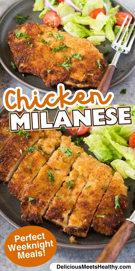 Looking for an easy dinner recipe your family will love? This Chicken Milanese is the perfect solution for busy weeknights. Simple to make, crispy, and oh-so-delicious! Chicken Melanesia, Dinner For Families, Chicken Milanese Recipe, Cheesy Chicken Recipes, Milanese Recipe, Quick Easy Chicken, Meals Chicken, Flexitarian Recipes, Chicken Milanese