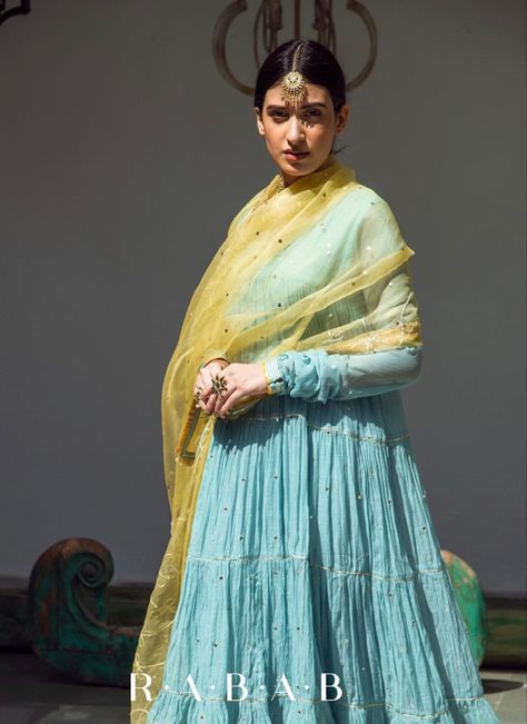 Yellow Combination Outfits Indian, Yellow Kurti Color Combinations, Sky Blue And Yellow Outfit, Yellow And Sky Blue Combination Dress, Blue And Yellow Indian Outfit, Yellow Anarkali Set For Diwali, Yellow Anarkali Set With Dupatta, Elegant Royal Dresses, Angrakha Style Anarkali