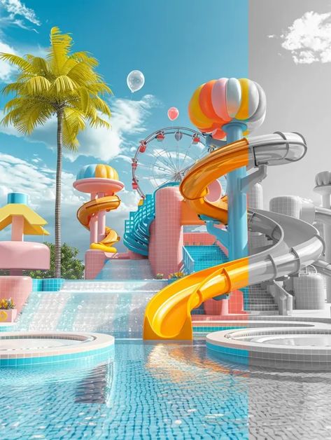 Full Color Image in ai-img-gen.com 🔸 clay materials, Outdoors,Minimalist,2.3d rendering of summer background with water slide and swimmin... 🔸 From Midjourney AI Image Pool Water Slides, Water Theme Park, Colored Water, Swimming Pool Water, Magical Home, 3d Concept, Water World, Summer Backgrounds, Color Image