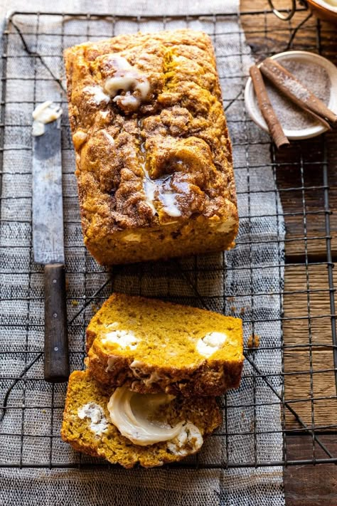 Cream Cheese Swirled Pumpkin Bread with Salted Maple Butter | halfbakedharvest.com #easyrecipes #pumpkinbread #pumpkin #fallrecipes Pumpkin Banana Bread Cream Cheese, Cobblestone Bread Recipe, Fall Banana Bread, Half Baked Harvest Recipes, 2023 Food, Pumpkin Banana Bread, Pumpkin Coffee Cakes, Maple Butter, Pumpkin Banana