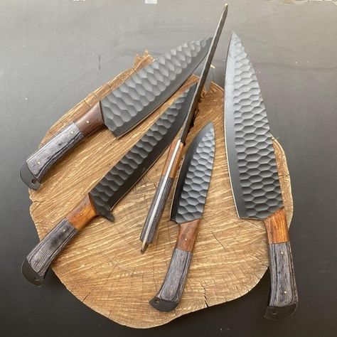 Chef Knives Set 5 Pcs Damascus Steel Blade With Wood Handle Kitchen Knives Set Birthday Gift for Him Father's Day Gifts . Damascus Steel Hand Forged Chef knives set 5 Pcs Dimensions: Overall Length: (12.5", 11.5", 11", 10", 8.5") Blade Length: (8", 7", 6.5", 5.75", 4.5") Handle Length: (4.5", 4.5", 4.5", 4.25", 4") Blade Width: (1.75", 1.25", 2", 1.5", 1.25") Blade Material = (1095 ,15N20 ) Damascus Steel Handle Material: Wood, steel bolster and Mosaic Pin DM or Contact Below Details for Furt... Kitchen Knives Set, Handmade Chef Knife, Chef Knives, Chef Knife Set, Knife Set Kitchen, Father's Day Gifts, Birthday Gift For Him, Kitchen Handles, Chef Knife