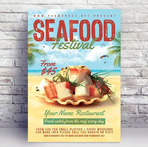 Seafood Festival Poster, Seafood Poster Design, Nautical Food, Seafood Festival, Seafood Party, Seafood Shop, Seaside Restaurant, Book Design Inspiration, Surf Turf