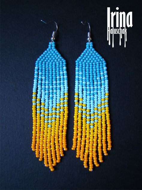 Beadwork Jewelry, Yellow Gradient, Ombre Earrings, Native American Earrings, Native American Beaded Earrings, Brick Stitch Earrings, Ukrainian Flag, Long Tassel Earrings, Modern Elements