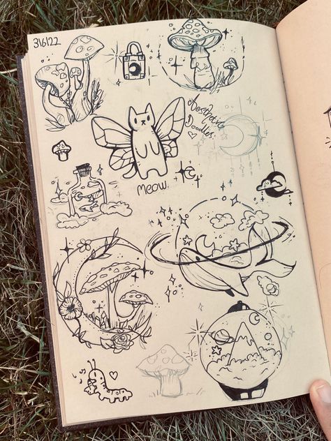 Ethereal Aesthetic Drawing, Whimsical Sketches Drawings, Sketch Fantasy Art, Cute Tv Drawing, Fairy Core Doodles, Dreamcore Sketch, Tattoo Ideas Whimsical, Random Sketches Doodles Art Journals, Dungeons And Dragons Drawings