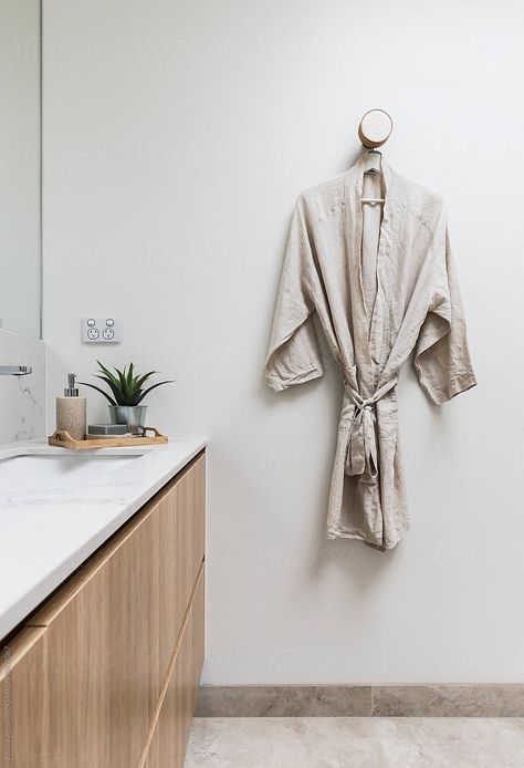 "Linen Bathrobe In A Luxury Home" by Stocksy Contributor "Jodie Johnson Photography " Linen Bathrobe, Ensuite Bathrooms, Ensuite Bathroom, Mockup Design, Light Beige, App Design, Design Elements, Luxury Homes, Royalty Free Stock Photos