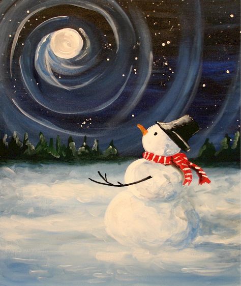 Snowmen Paintings On Canvas, Christmas Painting, Snowman Painting, Holiday Painting, Moon Painting, Winter Painting, Christmas Canvas, Paint And Sip, Winter Art