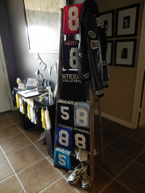 Ladder jersey display. Jersey Display For Grad Party, Jersey Display Ideas Graduation, Graduation Ladder Display, Jersey Display Graduation Party, How To Display Jerseys At Graduation, Senior Pictures With Jerseys Hanging, Graduation Sports Display, Hockey Graduation Party Ideas, Senior Night Table Display Volleyball