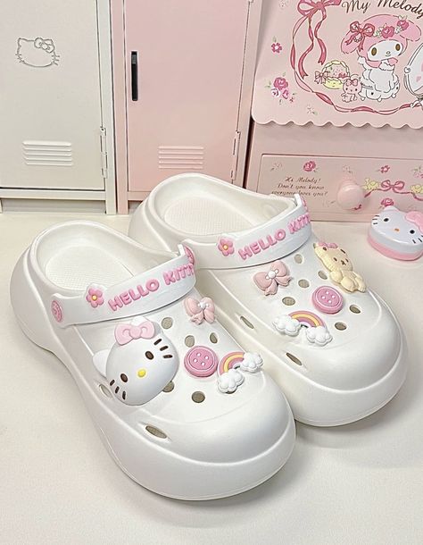 Korean Fashion Kpop Bts, Cool Crocs, Crocs Fashion, Hello Kitty Shoes, Trendy Shoes Sneakers, Pretty Shoes Sneakers, Kawaii Shoes, Cute Slippers, Fashion Slippers