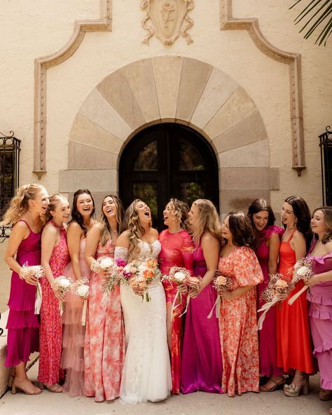 In the 🎀 𝓅𝒾𝓃𝓀 🎀 of happiness with the bride squad! 💖 Hot Pink And Orange Bridesmaid Dresses, Red Orange Pink Yellow Wedding, Mixed Red Bridesmaid Dresses, Pink And Red Bridesmaids, Orange Pink Bridesmaid Dresses, Citrus Bridesmaid Dresses, Pink And Red Bridesmaid Dresses, Red And Pink Bridesmaid Dresses, Mismatched Pink Bridesmaid Dresses