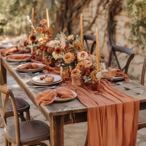 CHOOSE FROM 6/12/24/36-Pack EXTRA WIDE TERRACOTTA  CHEESECLOTH TABLE RUNNERS 35 INCHES IN WIDTH AND 10FT LONG. Transform your event tables into works of art with our exquisite 6/12/24/36-Pack Terracotta Cheesecloth Gauze Table Runners 🌹. Each runner stretches a generous 10 feet in length and 21.5 inches in width, perfectly draping over tables that seat 8-10 guests. Made from 100% natural cheesecloth fabric, these runners are soft, durable, and elegantly designed with delicate stitching to preve Rustic Table Runner, Event Tables, Fall Wedding Tables, Rustic Table Runners, Orange Table, Table Runners Wedding, Farmhouse Wedding, Boho Wedding Decorations, Thanksgiving Table Decorations