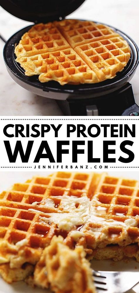 High protein waffles with 41 grams of protein! They're a perfect brunch idea. Not only are these protein powder waffles healthy, but they are also deliciously crispy and fluffy! Plus, 4 ingredients are all you need for this easy breakfast recipe! Food High In Protein Low In Carbs, Savory Protein Waffles, High Protein Breakfast Waffles, Vanilla Protein Waffles, Gf Protein Waffles, Real Food Breakfast Ideas, Arbonne Waffle Recipe, High Protein Low Carb Waffle Recipes, Protein Mini Waffles