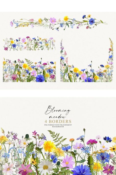 Wedding Clipart Png, Wildflower Invitation, Painted Wedding Invitation, Png Flowers, Floral Borders, Oil Painting Techniques, Wedding Clipart, Meadow Flowers, Clip Art Borders