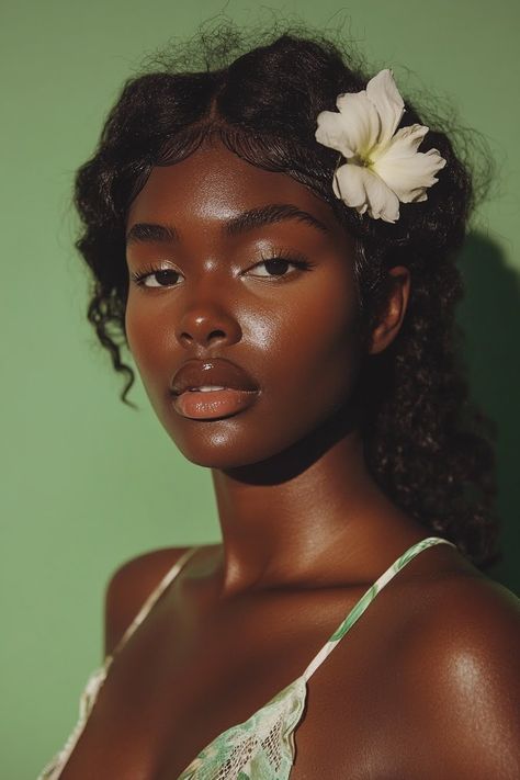 Natural Earthy Makeup Look, Earth Tones Photography, African Women Photoshoot, Black Women Green Aesthetic, Black Woman Reference Photo, Women Of Color Aesthetic, Dark Skin Reference, Face Reference Black, Flower Garden Photoshoot Ideas