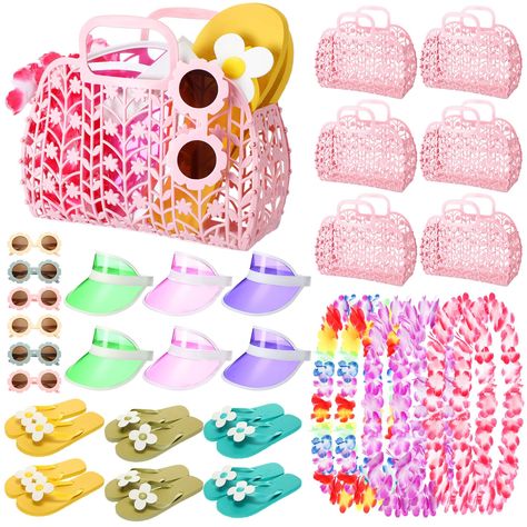 PRICES MAY VARY. Beach Ensemble Package: the beach party favors package includes 6 jelly baskets, 6 flower sunglasses, 6 flip flops, 6 sun visor hats and 6 Hawaiian leis; This set ensures that you have fun for a fun filled day of frolicking in the sand or lounging by the pool, bringing unlimited joy to your summer theme party Handy Jelly Basket: summer pool party jelly baskets that measure around 9.0 x 9.0 x 3.5 inches, The pink color is full of summer cuteness, and easy to assemble, disassemble Summer Water Birthday Party, Ring Pop Birthday, Pool Party For Kids Birthday, Pool Party Ideas Decoration, Teen Beach Party, Diy Party Bags, Water Birthday Parties, Pool Party Supplies, Water Birthday