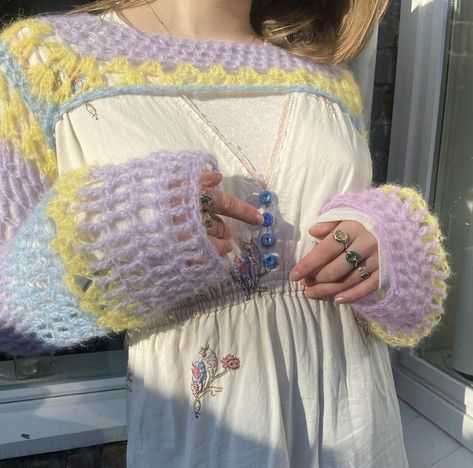 Pink, purple, blue and yellow mohair crochet shrug Crochet With Mohair, Mohair Shrug, Mohair Top, Mohair Crochet, Crochet Mohair, Immaculate Vibes, Crochet Accessory, Yarn Balls, Fashion Crochet