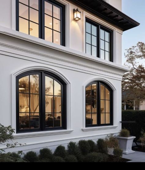 French Modern Exterior, Exterior Window Trim, Balcony Ideas House, Transitional Exterior, Exterior Window, Interior Staircase, Window Trim Exterior, French Architecture, Fancy Houses