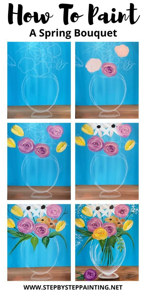 Flower Vase Painting, Paint A Flower, Painting With Acrylics, Easter Paintings, Vase Painting, Easy Flower Painting, Canvas Painting Tutorials, Learn How To Paint, Canvas Painting Designs