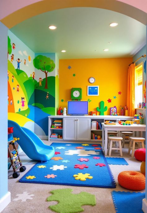 Finished Basement Ideas Colorful Basement, Kids Ministry Rooms, Basement Playroom Ideas, Tech Home Office, Storage For Toys, Basement Decoration, Dream Basement, Basement Remodel Diy, Cozy Family Rooms