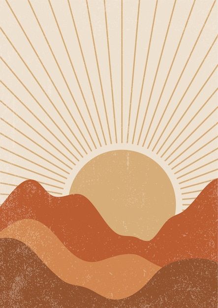 Wall Decor Mid Century Modern, Scandi Art, Orange Terracotta, Aesthetic Background, Sunset Landscape, Contemporary Aesthetic, Boho Wall, Premium Vector, Mid Century