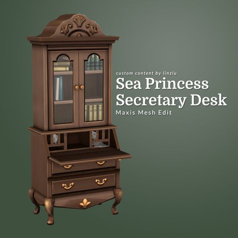 Sea Princess Secretary  This is a mesh edit of the Sea Princess Hutch. Functions as a desk.  [Download on Dropbox] Sims 4 Cc Maxis Match Vintage Furniture, Sims 4 Prairie Cc, Sims 4 Vintage Furniture, Ts4 Vintage Cc, Sims 4 Vintage Cc Clothes, Sims 4 Vintage, Maxis Match Furniture, Sims 4 Vintage Cc, Sims Medieval