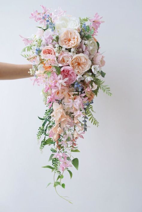 Spring Cascading Wedding Bouquets, Cascading Bridal Bouquets Blush, Cascading Pastel Bridal Bouquet, Bridgerton Wedding Bouquet, Wisteria Bouquet Wedding, Cascading Wildflower Bridal Bouquet, Cascading Wedding Bouquets Summer, Bridgerton Bouquet, Pastel Wedding Flowers Bridal Bouquets