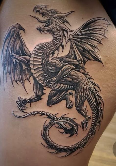 Dragon Tattoos For Men Arm, Dragon Leg Tattoo Men, Dragon With Wings Tattoo, European Dragon Tattoo, Dragon Tattoo Men, Viking Dragon Tattoo, Dragon Tattoo Leg, Black Dragon Tattoo, Dragon Tattoo Arm