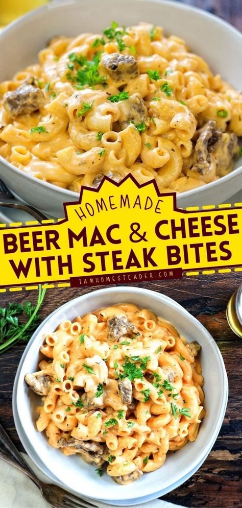 Beer Mac And Cheese With Steak Bites, Steak Mac And Cheese, Beer Mac And Cheese, Cooking Hobby, Beer Cheese Sauce, Macaroni Noodles, Best Mac N Cheese Recipe, Cold Weather Comfort Food, Cheese Steak